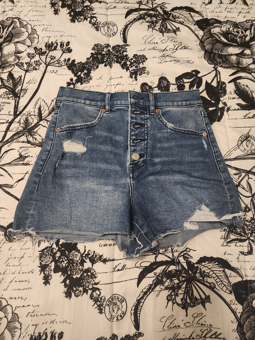 Express Blue Distressed High-Rise Denim Mom Shorts